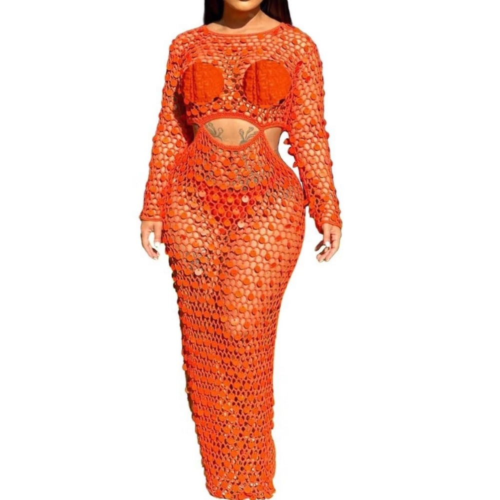 Vibrant Orange Crochet Maxi Dress